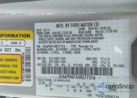 2017 Ford Fusion Se z USA, uszkodzony, nr VIN 3FA6P0H71HR377316